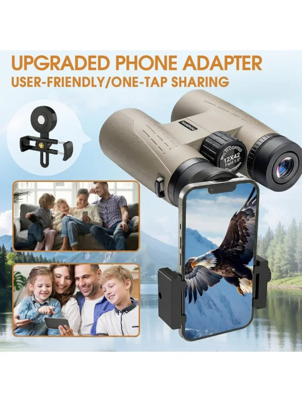 High-Powered 12x42 HD Binoculars with Phone Adapter, Night Vision for Outdoor